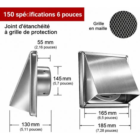 Grille d'aération murale carrée inox 304 avec grille 150 mm 6 pouces 150mm 6 réf 7706 19 × 18,5 × 12 cm 461 g – Livraison gratuite
