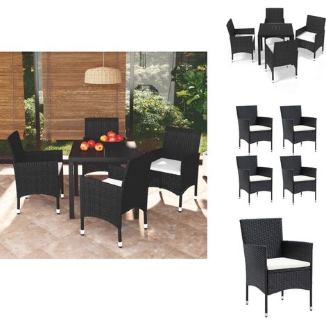 5-tlg. Garten-Essgruppe mit Kissen Poly Rattan Schwarz - Gartensessel - Gartenstuhl - Outdoor Möbel - Balkonmöbel - Terrassengestühl (1/5)