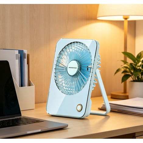 Ventilateur de table mini Aigostar bleu 3 pouces 5 pales, 3600mAh 3 vitesses silencieux, résistant discret pour bureau chambre (1/4)