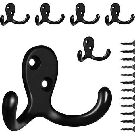 Lot de 6 crochets muraux pour suspension, robustes à double griffe en métal fixer au mur salon, salle bain, cuisine, chambre coucher manteau, sac, écharpe, serviette Noir -'Noir (1/5)