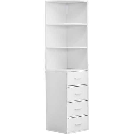 White Bookcase 170cm, Corner Book Shelf with Drawers, Corner Cabinet Narrow Bookcase for Corner Shelves, Living Room Furniture (4 Drawers) (1/5)