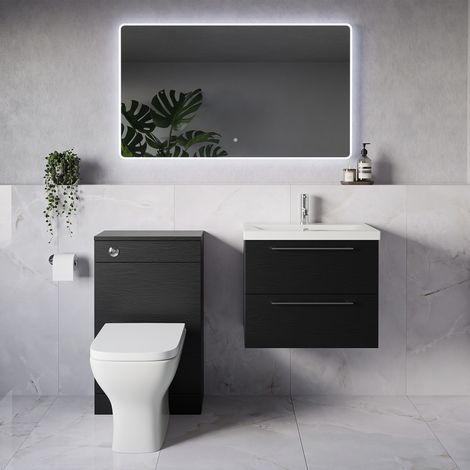 Napoli 390 Nero Oak 1100mm Wall Mounted 2 Drawer Vanity Unit and Toilet Suite with Glide Basin - 1100mm - Chrome 320mm HandleWith Kingston Toilet Pan and Seat