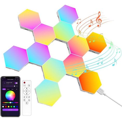Panneau LED Hexagonal Gaming Murale Lampe— 12pcs Smart Music Sync Deco Modulaires RGB Lights App&Télécommande Contrôle Gaming Setup Hexagone Creative Appliques Murales [Classe énergétique F] (1/5)