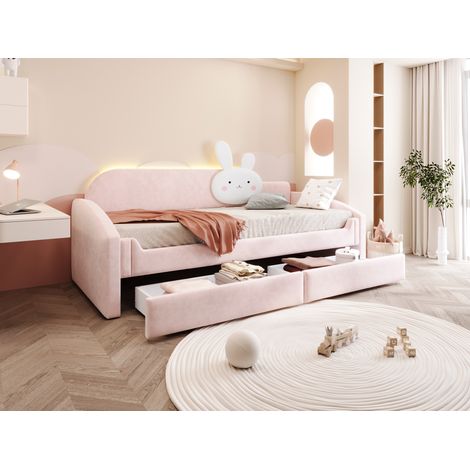 Lit enfant canapé convertible 90x200 cm avec rangement intégré, éclairage LED, dossier avec coussin lapin, accoudoirs rembourrés, housse en velours rose, banquette lit pour chambre d’enfant (1/5)
