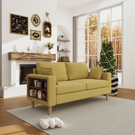 Divano relax 173x68x77 cm con portabicchieri, vano portaoggetti e 2 cuscini - Stile nordico - Chenille - Giallo (1/5)