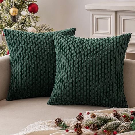 Housses de coussin en velours côtelé vert armé de Noël, ensemble décoratif de 2 housses de coussin à rayures bohèmes pour canapé, lit, salon, décoration maison style fermière, taille 18x18 Inch (1/4)