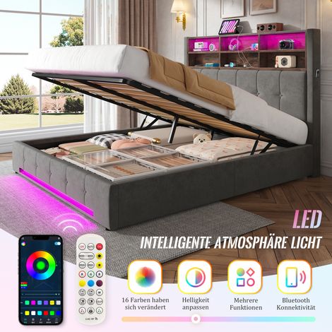 Lit velours 160x200 cm, tête de lit avec rangements intégrés : 6 casiers, poches latérales, ports USB-C, éclairage LED, mécanisme hydraulique, vaste espace de stockage anti-poussière sous le sommier – (1/5)