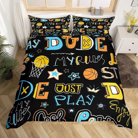 Basketball Parure Housse de Couette 3D Ball Games Parure de Lit 220x240cm Basketball Sports Pattern Housse de Couette pour Enfants Garçons Filles Microfibre Alphabet Print Room Decor - 220x240cm (1/5)