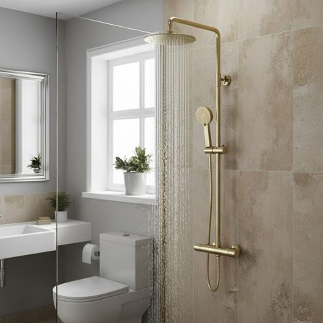 Round Brushed Brass Thermostatic Dual Control Twin Head Shower Mixer Ultra Thin