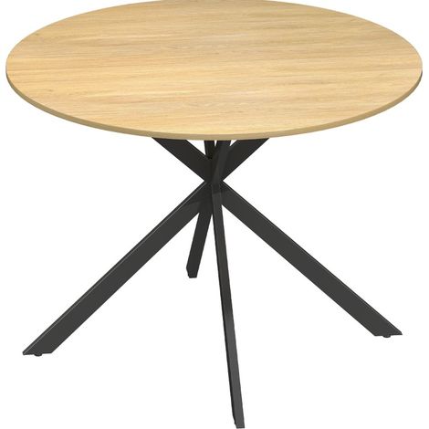 Mesa de comedor redonda de 100 cm estilo industrial con patas de acero color roble (1/5)