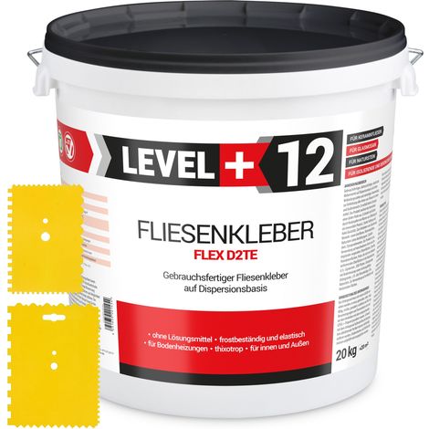 LEVEL+ SET Fliesenkleber Fertig Dispersionkleber L+12 - 20KG + 2St. Zahnspachtel 8x13cm + 13x9cm