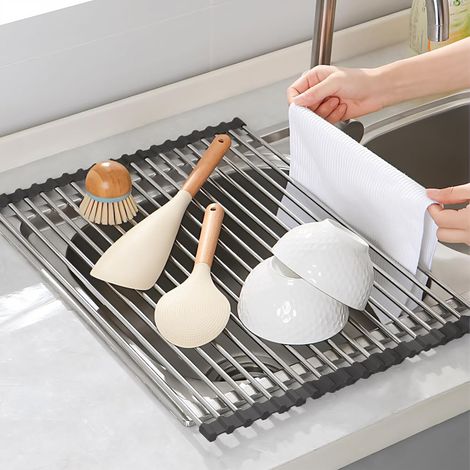 Escurridor de platos de acero inoxidable para colocar sobre el fregadero, alfombrilla de drenaje, plegable, organizador de cocina para paños de cocina, frutas y verduras (Negro (43 x 35 cm)) (1/4)