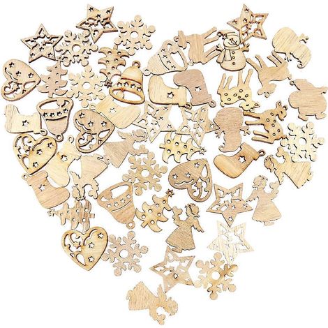 BESTOYARD 50 pièces de découpes en bois à motifs de dessins animés, embellissements artisanaux, décorations en bois, pendentifs de Noël pour la décoration intérieure et artistique (motif aléatoire) (1/3)