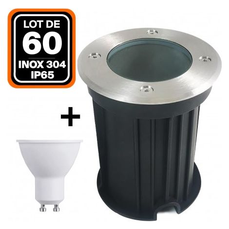 Lot de 60 spots encastrés au sol extérieur EUROPALAMP IP65 acier inox 304 ronds + 60 ampoules GU10 5W 4500K blanc neutre (1/4)