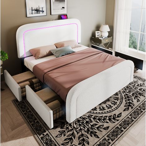 Bettgestell 208x170x102.5 cm mit USB Typ C Ladefunktion, LED Beleuchtung, 4 Schubladen, Sherpa Weiß (1/5)