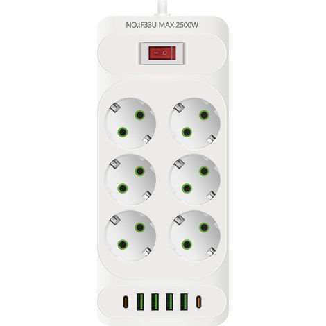 Multiprise murale 6 prises, 4 ports USB (dont 2 ports USB-C), 12 en 1, pour la maison et le bureau, blanche (1/5)