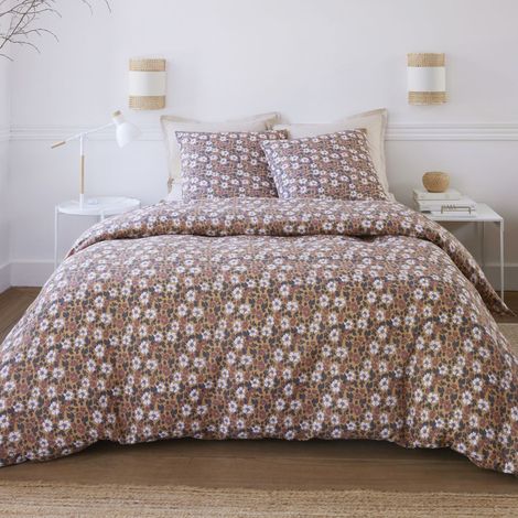 Parure housse de couette 240x220cm + 2 taies motif fleuri marron 100% gaze de coton - ADIGE (1/5)