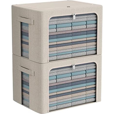 Lot de 2 bacs de rangement pliables en lin avec fenêtre transparente, poignées de transport et cadre en métal pour literie, couvertures, jouets, livres (1/5)