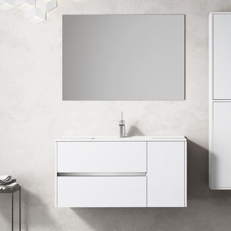 Mueble de baño suspendido Itaca con lavabo y Espejo. Se envía montado 90 CM seno desplazado a izquierda Blanco Brillo