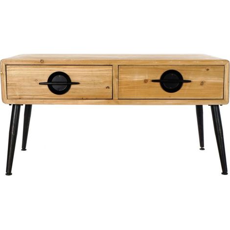 Table basse en bois de sapin et métal coloris naturel / noir - longueur 100 x profondeur 50 x hauteur 52 cm -PEGANE- (1/5)