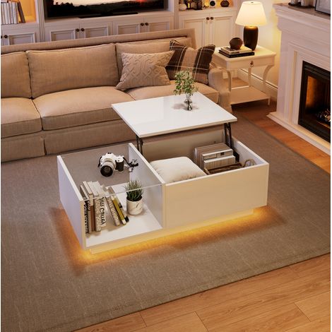 Tavolino da caffè 100x50x33-46.5 cm bianco in pannello truciolare con LED, piano sollevabile e vano contenitore (1/5)
