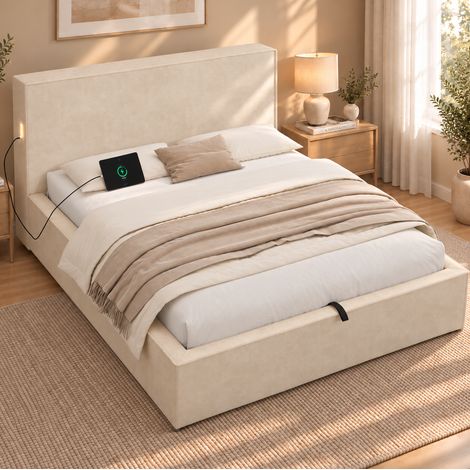 Letto imbottito 120/200 cm in ciniglia beige con vano contenitore idraulico (1/5)