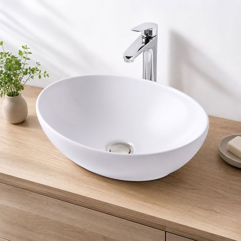 Relaxdays Lavabo sobre encimera, 15x41x34 cm, sin orificio para grifo, sin rebosadero, cerámica, efecto loto, blanco (1/5)