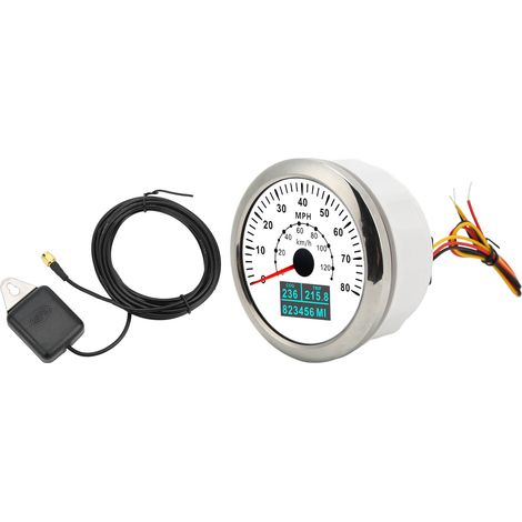 Compteur de vitesse GPS universel 85 mm, étanche, odomètre 80 mph (120 km/h), rétroéclairage couleur, pour voiture, bateau, camping-car, yacht (blanc). (1/5)