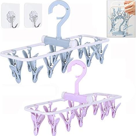 Étendoir à linge pliable et portable, avec pinces, 2 cintres pour chaussettes et 12 pinces. Crochet rotatif à 360° pour sécher serviettes, soutiens-gorge, vêtements de bébé et gants. (1/5)