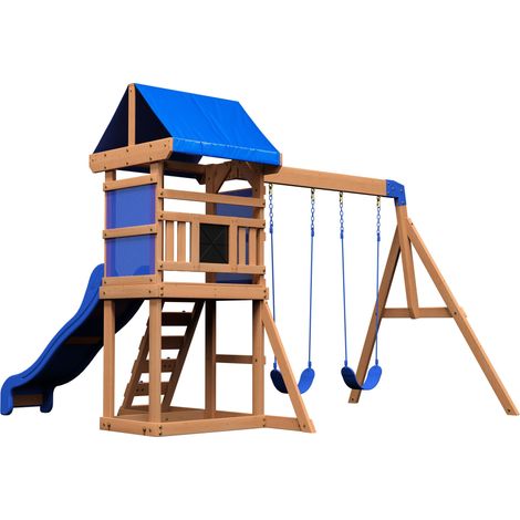 Aire de jeux en bois avec balançoire et toboggan 183 cm – Mur d'escalade – Bac à sable – Pavillon supérieur aéré – Backyard Discovery