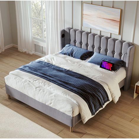 Bett Polsterbett 140x200 USB Typ C Ladefunktion Grau HAVRYA (1/5)