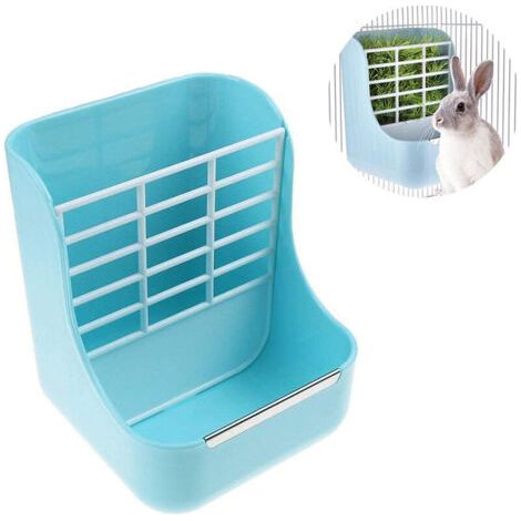 Mangeoire à foin bleue pour lapins, cobayes et chinchillas, avec support et bol de nourriture. (1/3)