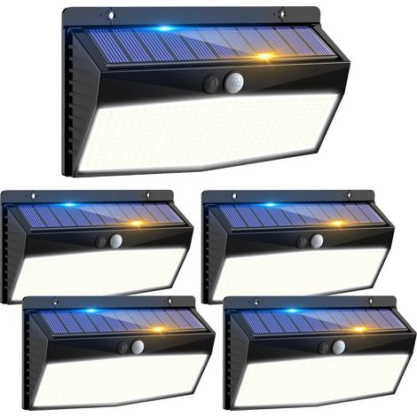 Lot de 5 lampes solaires d'extérieur avec détecteur de mouvement, 368 spots LED avec détecteur de mouvement, 3 modes, étanches IP65, lumière blanche. (1/5)