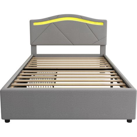 Gepolstertes Bett 90x200 cm mit Lattenrost, LED, 2 Schubladen, verstellbares Kopfteil, grau (1/5)
