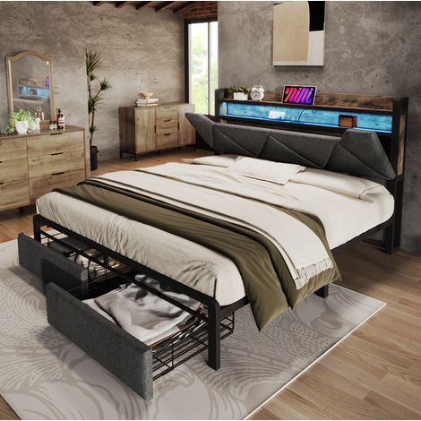 lit coffre 160x200 avec tiroirs et LED gris HAVRYA (1/5)