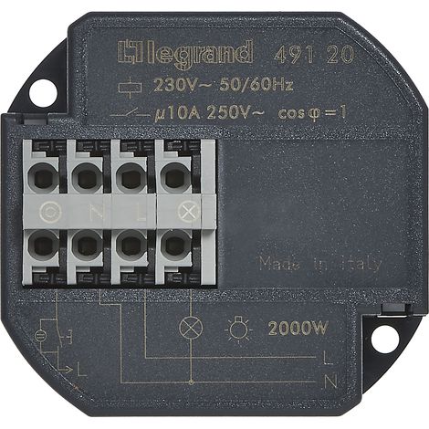 Legrand – Télérupteur encastrable 10A – 250V – Silencieux – Unipolaire – Bornes automatiques pour fils jusqu’à 2,5 mm² – IP20 IK04