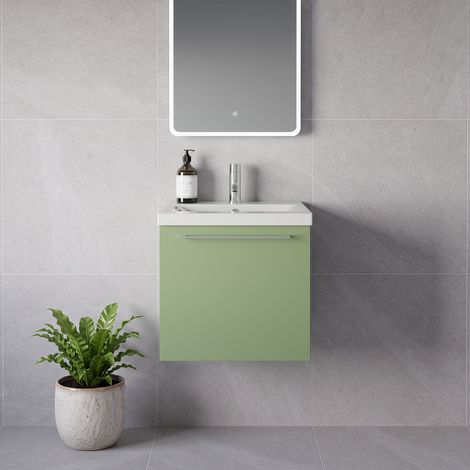 Napoli 390 Olive Green 500mm Wall Mounted Single Drawer Vanity Unit with Glide Basin - 500mm - Chrome 320mm Handle