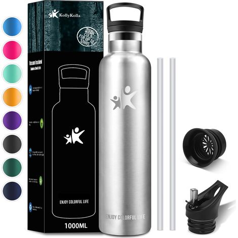 KollyKolla Borraccia Termica 1 litro, Borraccia con Cannuccia, Bottiglia Termica Senza BPA, Borraccia Acciaio Inox, Senza Perdite, Borracce per Adulto, Yoga, Sport, Ciclismo, Palestra, Viaggio