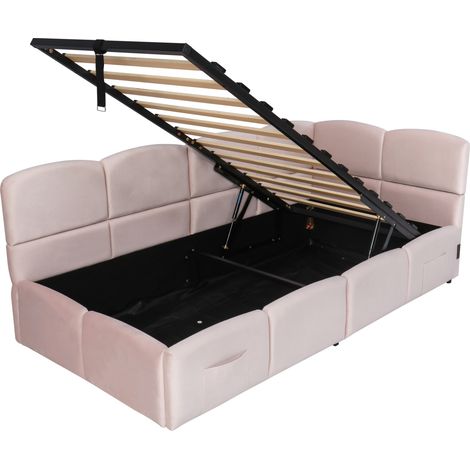 Lit coffre capitonné 90x200 cm en velours rose avec sommier, USB et poche de rangement (1/5)