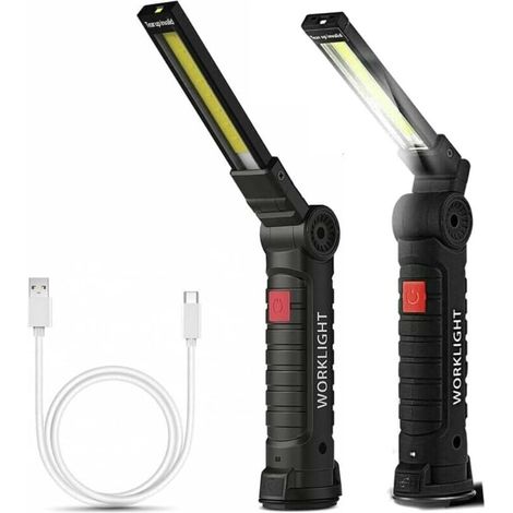 Lot de 2 lampes de travail LED, lampe d'inspection rechargeable COB avec base magnétique, rotation à 360° et 5 modes d'éclairage, lampe torche d'urgence pliable, lampe torche portable pour réparation (1/4)