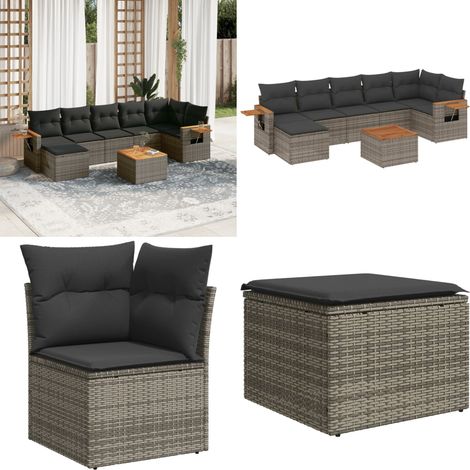 Salon de jardin 8 pcs avec coussins gris résine tressée - Salon De Jardin - Meuble De Jardin - Set Salon Extérieur - Résine Tressée - Rotin Synthétique - Home & Living (1/5)