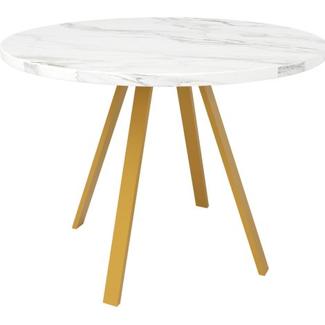 Mesa de comedor redonda 80x80x75 cm de MDF con efecto mármol blanco y patas de metal doradas HOMVRA (1/5)