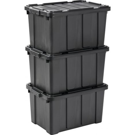 Caisse Rangement avec Couvercle Robuste, 50L, Lot de 3, Noir, Compact, Durable, Empilable, pour Garage, Etagères, Déménagement, Plastique, Boite a Outils, Bac de Rangement, DDSKT-450 (1/5)