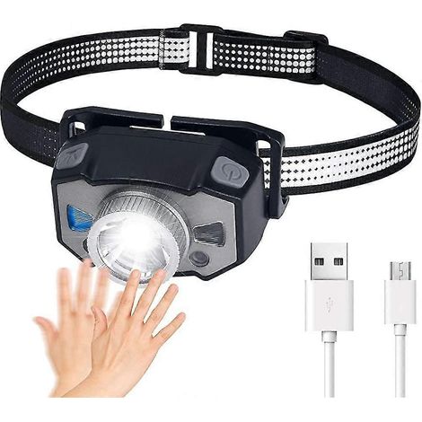 Lampe frontale rechargeable, 1200 mAh, 5 modes, lampe frontale COB 300 lm avec capteur sensible, ultra-légère et réglable, idéale pour les enfants (course, etc.). (1/4)