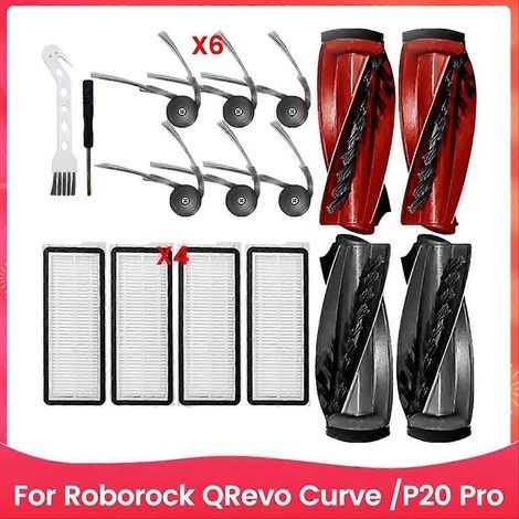 Lot de 16 pièces de rechange lavables pour aspirateur Roborock QRevo Curve / P20 Pro : brosse principale et brosse latérale. (1/5)