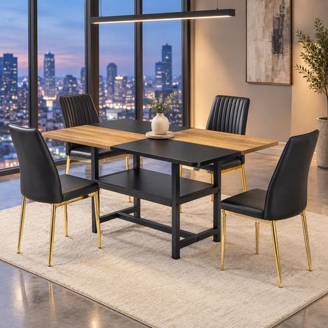 Ensemble table et 4 chaises, table 160 x 90 cm avec étagère, noir et or DESVIAE (1/5)