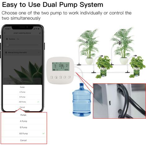 Sistema di irrigazione automatico, dispositivo intelligente, doppia pompa, WiFi, controllo vocale, timer programmabile, ricarica USB per uso domestico (1/5)