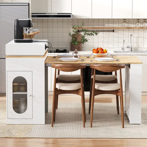 Isola cucina 83-146.5x46-96 cm bianco in MDF e vetro con piano estensibile, prese integrate e vani contenitori (1/5)