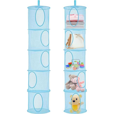 2 Pieces Hanging Storage Net, 5 Levels Foldable Storage Nets, Hanging Plush Toy Organizer, Fabric Organizer for Toys, Small Clothes (Blue) (1/5)