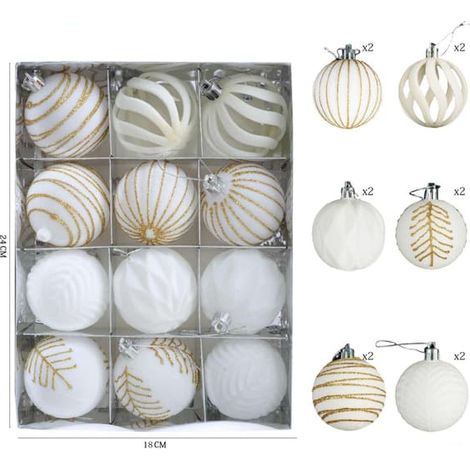 Lot de 12 boules de Noël blanches floquées et creuses - Créez une ambiance festive avec ces élégantes décorations blanches (1/3)